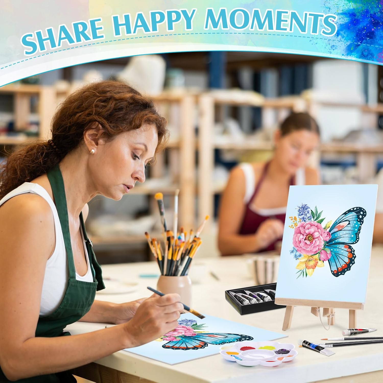 Cholemy 8 Set Paint and Sip Kit for Adults 8'' x 10'' Pre Drawn Canvas with Wooden Easels Acrylic Paint Brushes Wash Cup Palette Apron for Painting DIY Date Night Party Supplies(Butterfly)
