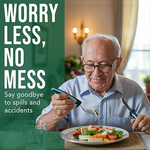 Vista 9 de BUNMO Utensilios adaptativos para ancianos, artritis, agarre débil, temblores y discapacitados, práctica bolsa de viaje, ligera de 3.35 onzas, acero