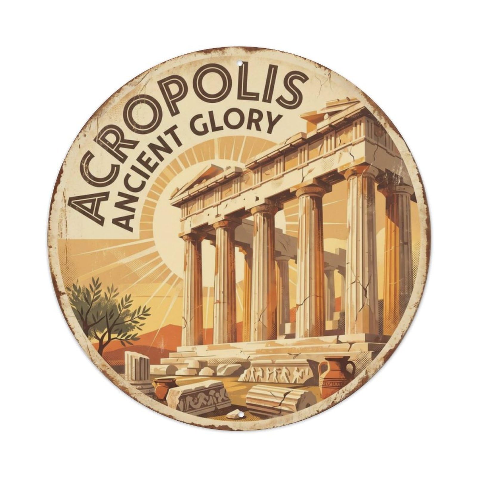 Vintage Travel Acropolis Parthenon Temple Metal Tin Sign Plaque Wall Decor for Cafe, Club, Garden Round Metal Poster 8x8Inch