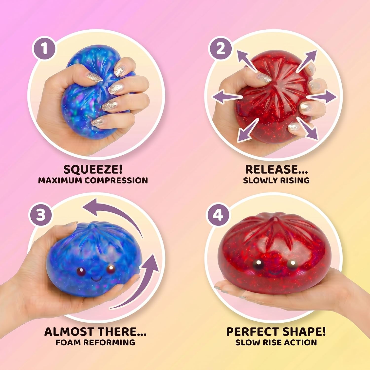 Glitter Dumpling Squishy Mystery Box 4 Pcs - 2026 Upgraded Dumplings Squishes for Adults Teens Squeeze Easter Basket Stuffers Smiling Purple Red Blue Gold