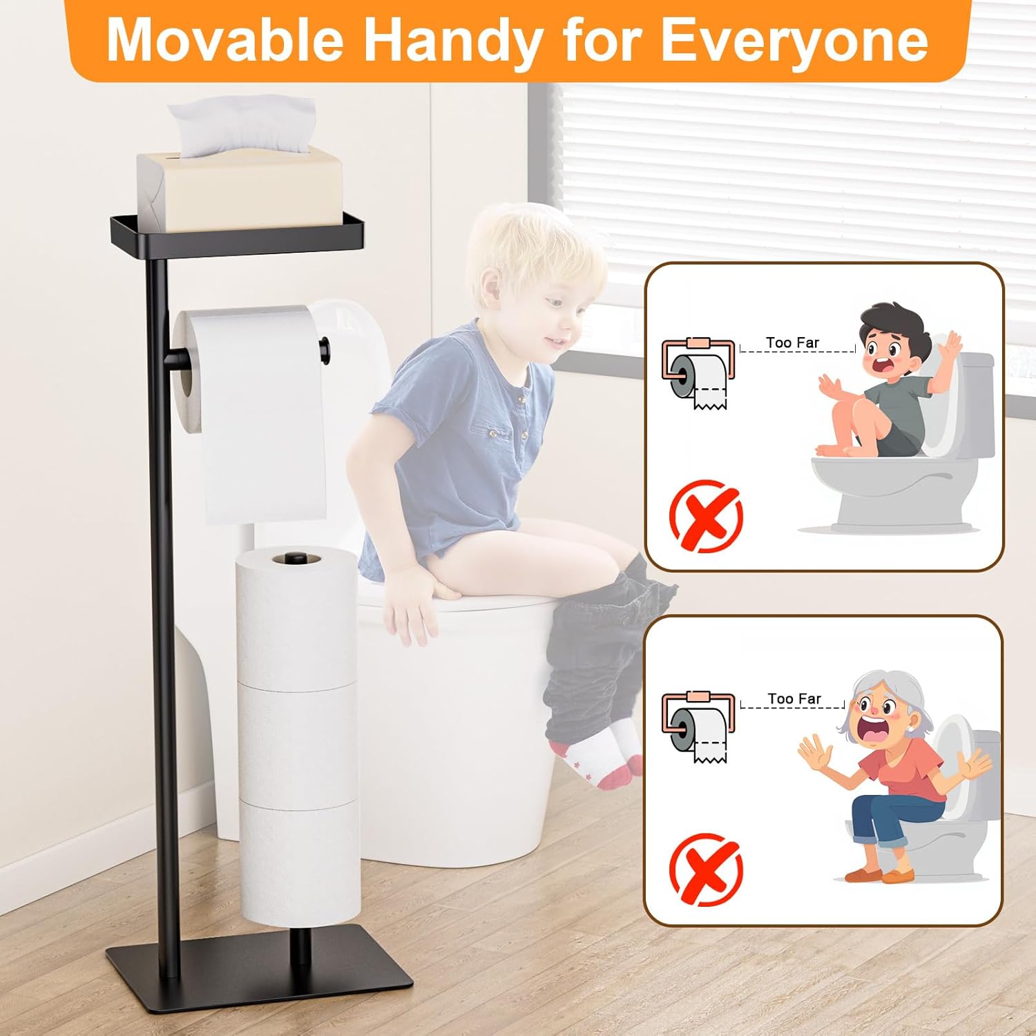 Freestanding Toilet Paper Holder Stand with Storage, Rustproof Metal Bathroom Paper Stand with Weighted Anti-Slip Base, Fits 4 Spare Rolls and Shelf for Phone & Small Items, No Drilling