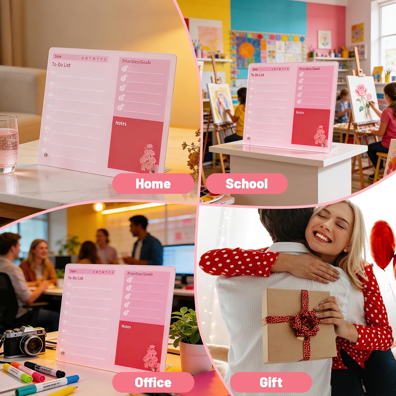 LeMotech Desktop Acrylic Dry Erase Board, 12x10 inches to-Do List Planner, Tabletop Whiteboard with Stand Office Supplies Includes 2 Markers & 1 Eraser,Pink Rose Pattern, 2 Pack