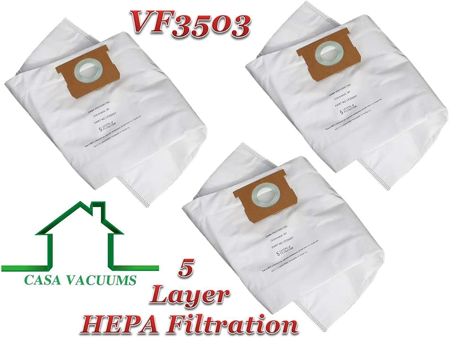 Casa Vacuums 3-Pack HEPA Replacement for Ridgid VF3503. Collection Bags for 5-9 Gallon Wet/Dry Shop Vac Units