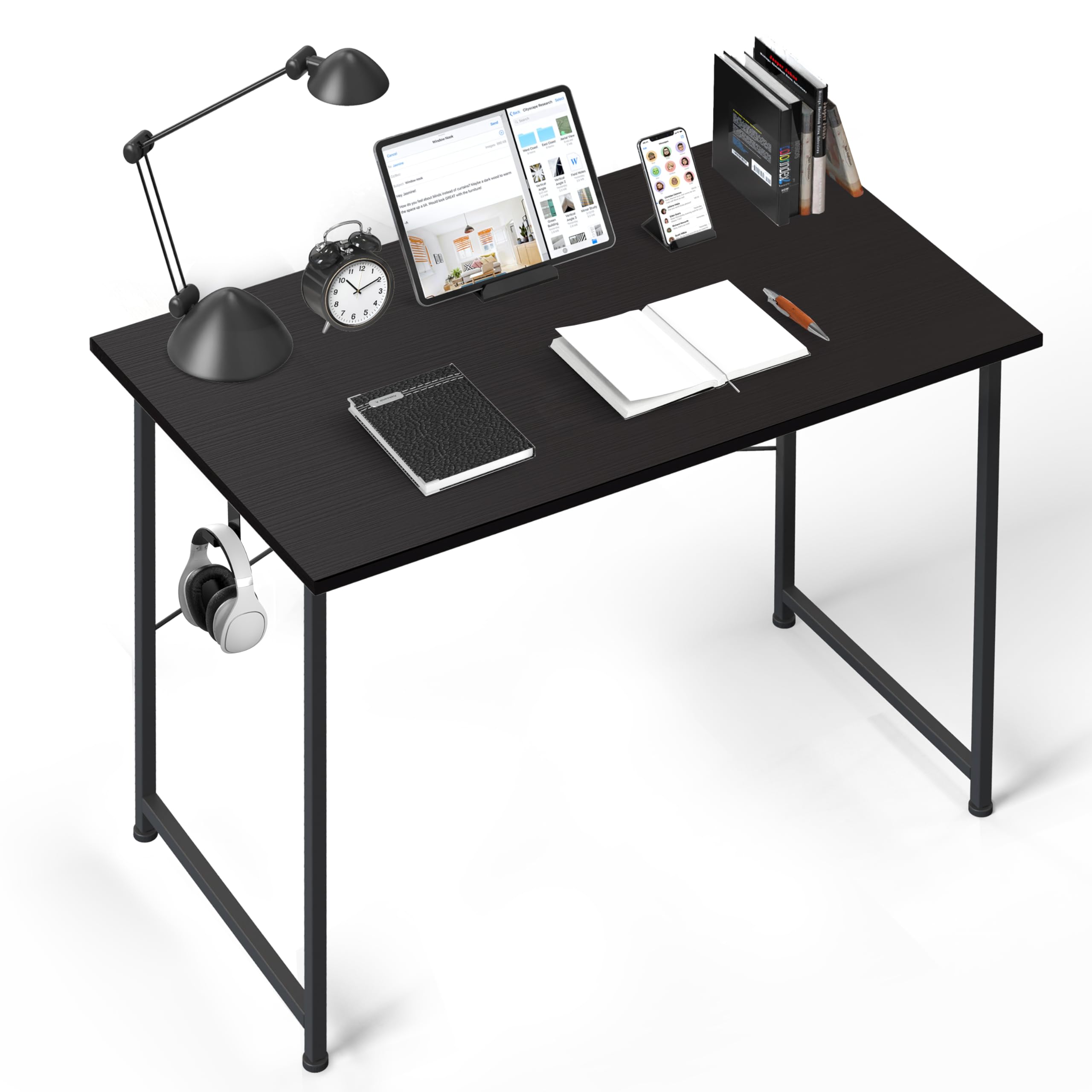 YSSOA Small Space Writing Desk with Headphone Hooks Modern Simple Design, Suitable for Study, Home Office and Children's Room, 40 Inch, Black