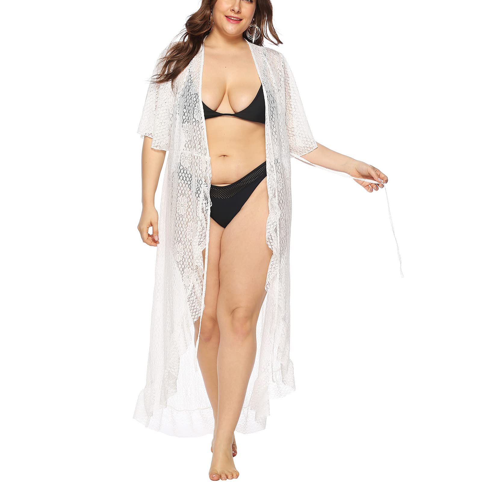 Sexy Kimonos Vestido para Las Mujeres, Playa Protector Solar Largo Kimono Cordillo Crochet Perspectiva Floral Cubierta Ups Ropa De Playa White-2XL