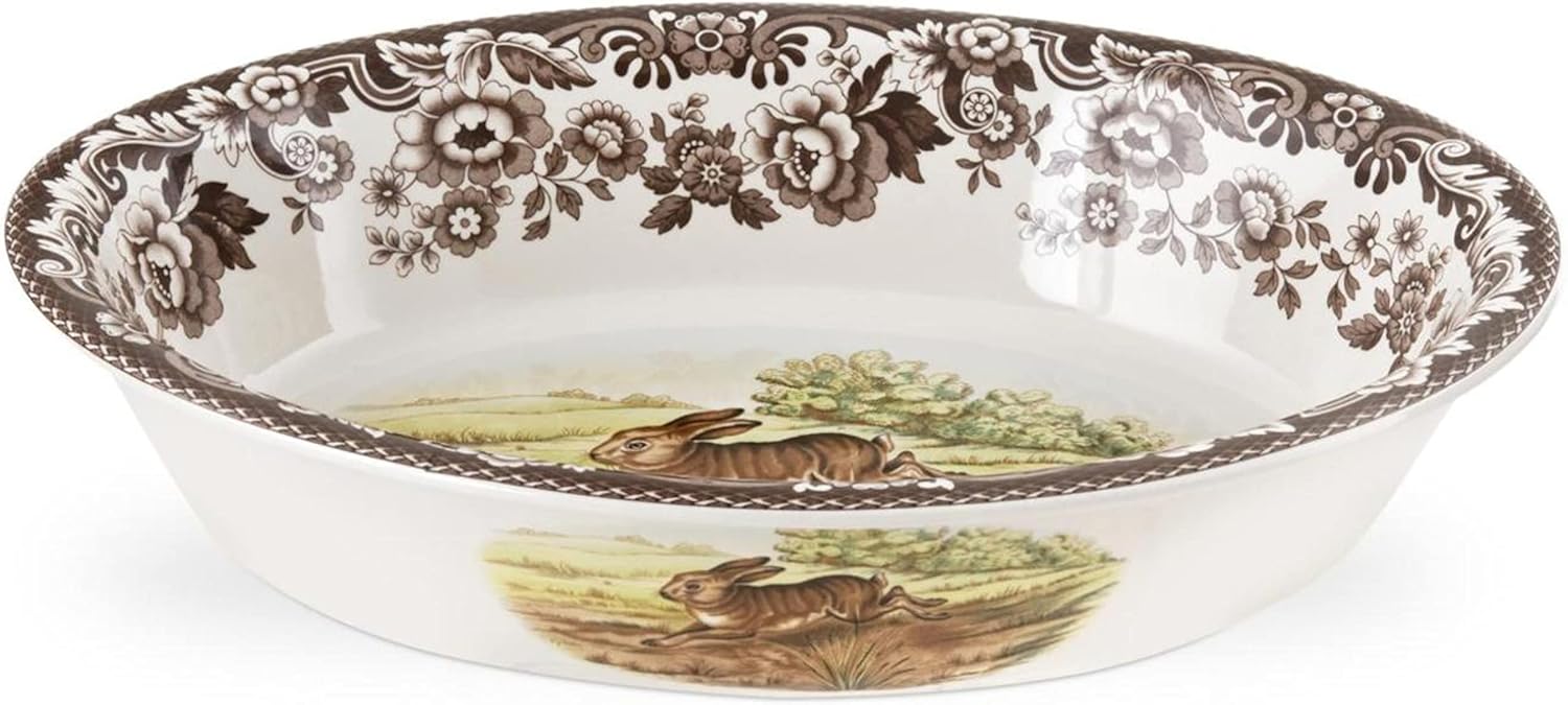 Spode Woodland Oval Rim Dish | Oval Shaped Serving Dish with a Rabbit Motif | Elegant Bakeware Made from Fine Porcelain | Microwave and Dishwasher Safe