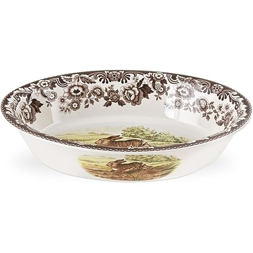 Spode Woodland Oval Rim Dish | Oval Shaped Serving Dish with a Rabbit Motif | Elegant Bakeware Made from Fine Porcelain | Microwave and Dishwasher Safe