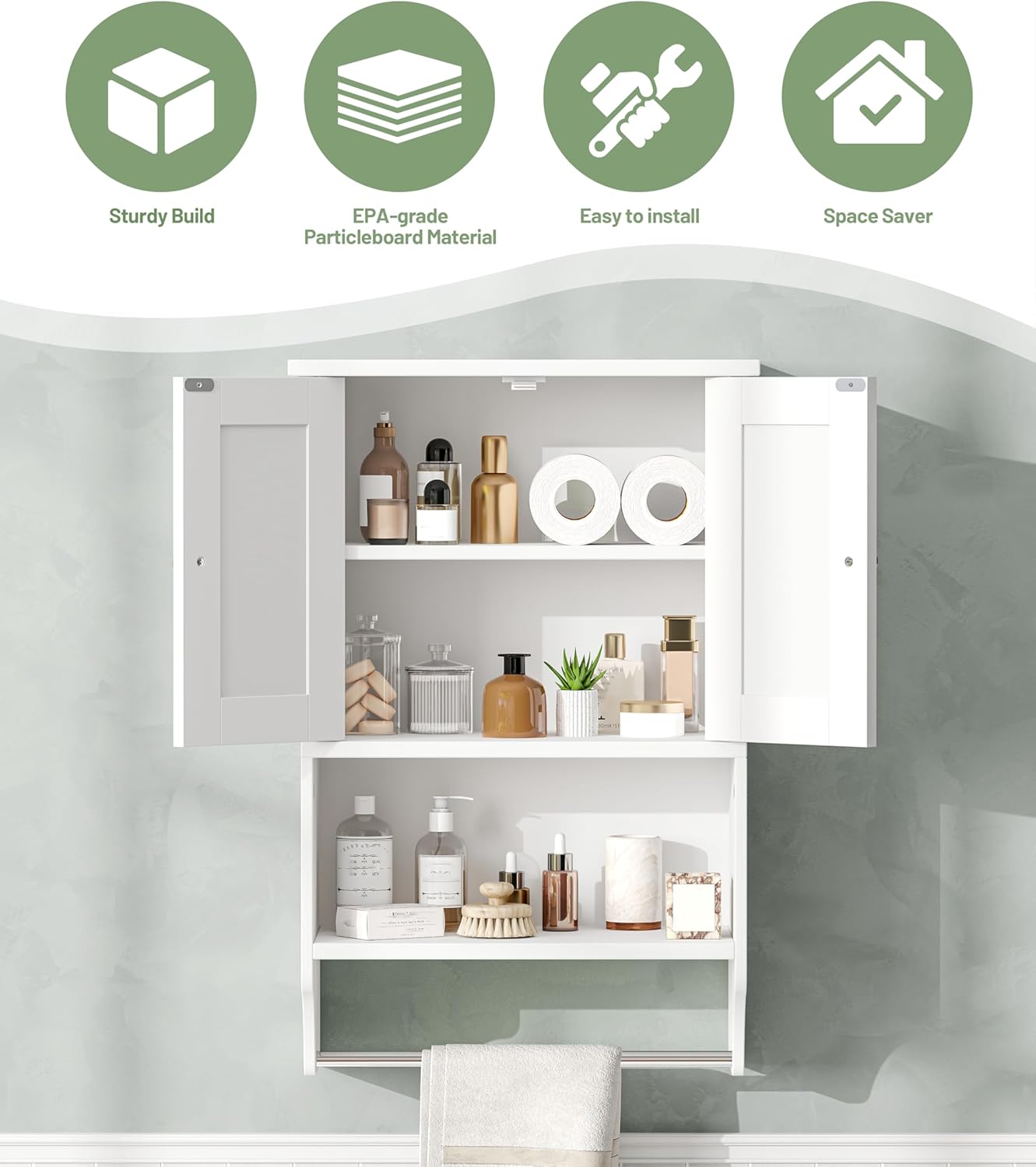 Small Medicine Cabinet with Towel Bar and Adjustable Shelf, Modern Bathroom Wall Cabinet with 2 Lined Doors, Wooden Over The Toilet Storage Cabinet for Kitchen, Living Room, Entryway, White
