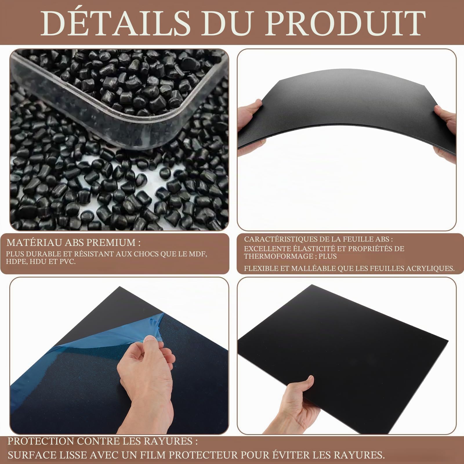 YAYODS Lot de 4 Plaque Plastique ABS Noire 400 x 300 x 3 mm - Panneau Plastique Rigide et Flexible pour Modélisme, Bricolage et Automobile - Feuille ABS Thermoformable Facile à Découper avec Film Prot