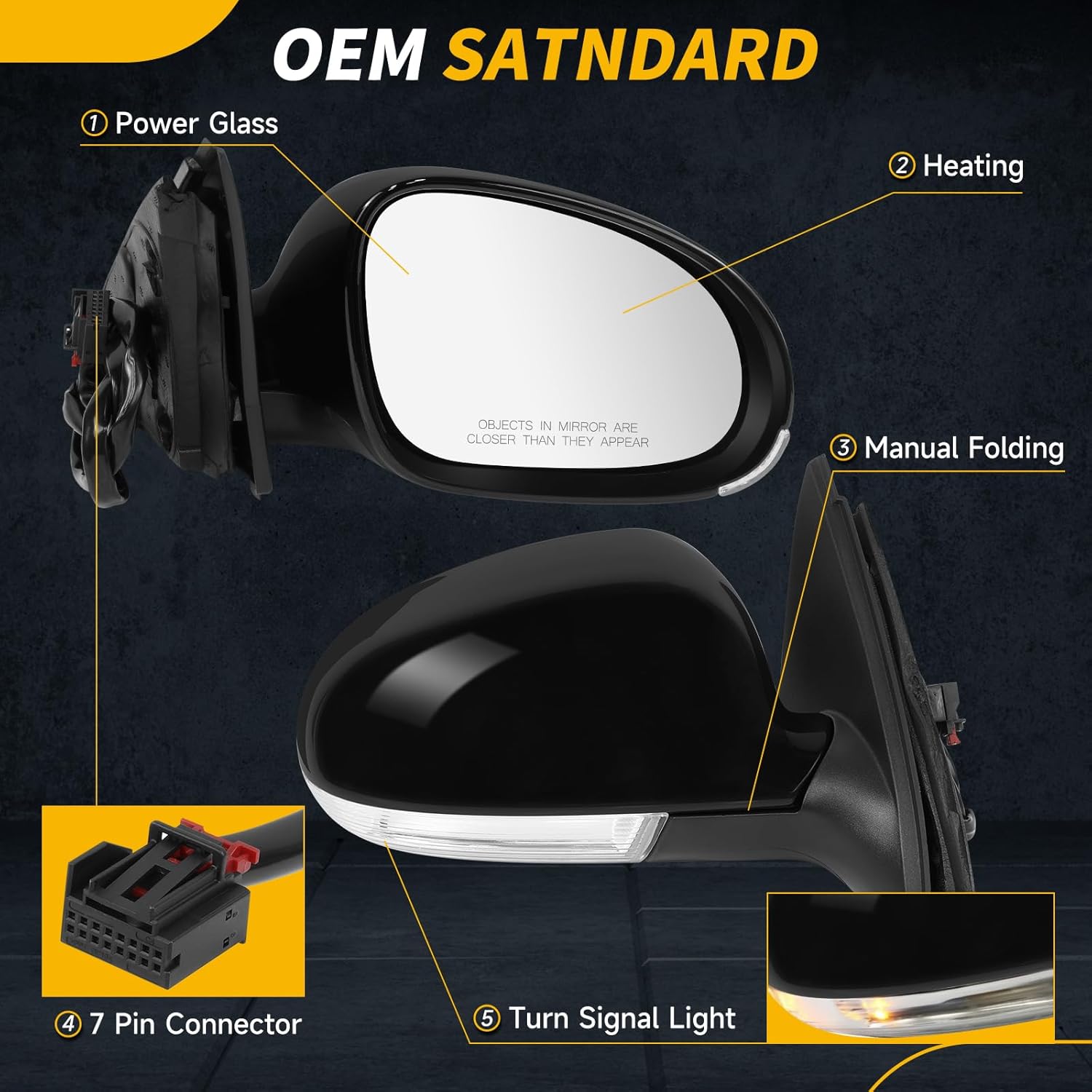 Black Side Mirror Compatible with Volkswagen Jetta 2005 2006 2007 2008 2009 2010, W/Turn Signal Light/Heated/Manual Folding/Power Glass Door Mirror Replace#VW1321122 861033(7pins,Right Passenger)