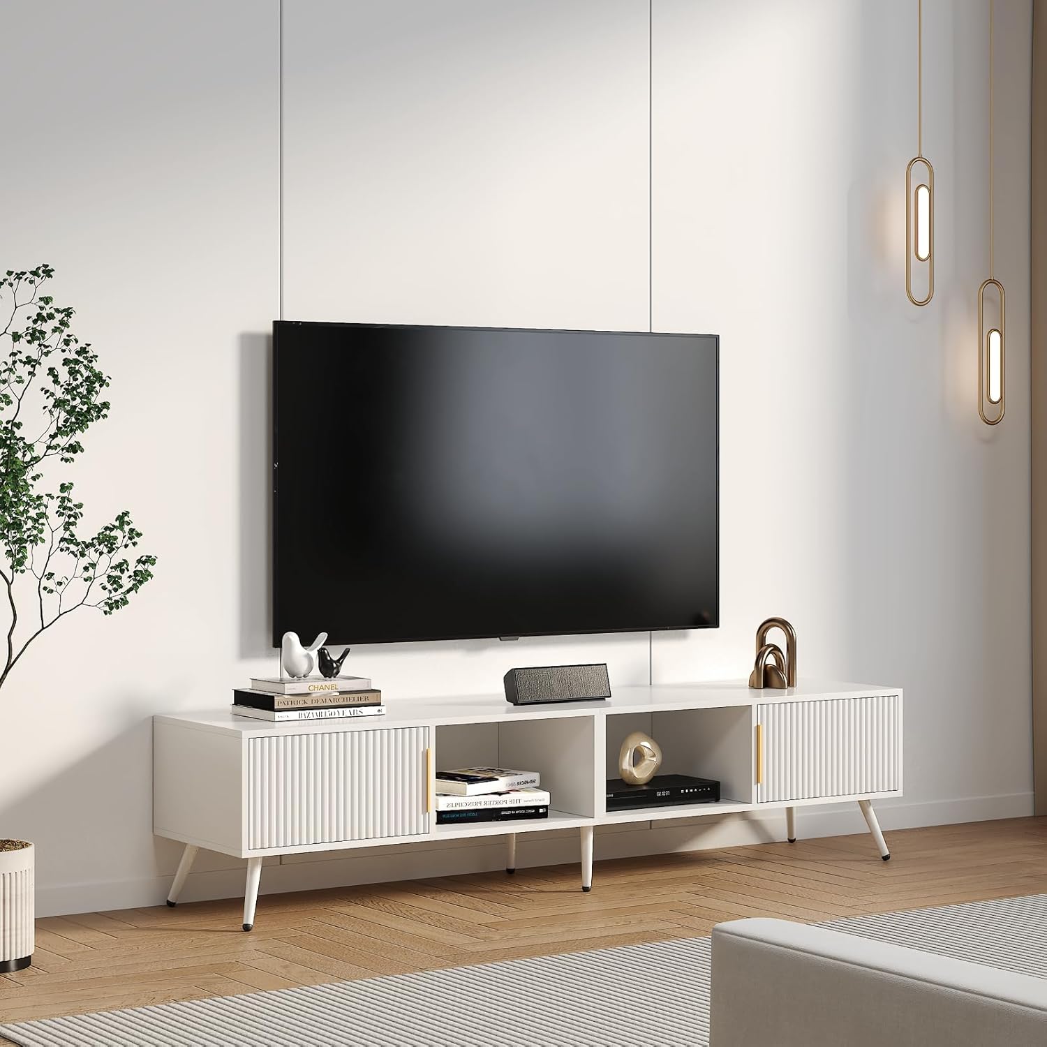 Fluted TV Stand for 55 65 70 75 78 inch TV, Modern Chic Entertainment Center for TVs, Entertainment Center with Storage, Television Stands, TV Media Console for Bedroom, Living Room (White)