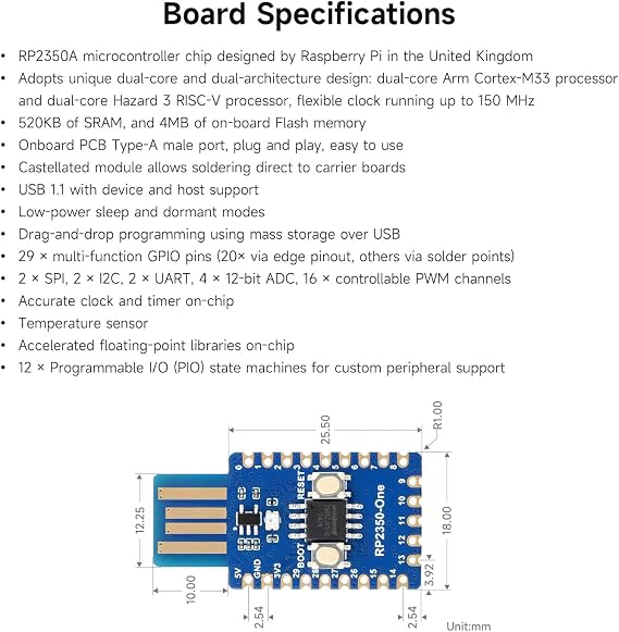 Waveshare RP2350-One, On-Board PCB Type A Plug, 4MB Flash MCU Board, Based on Raspberry Pi RP2350A Dual-Core & Dual Architecture Microcontroller Processor