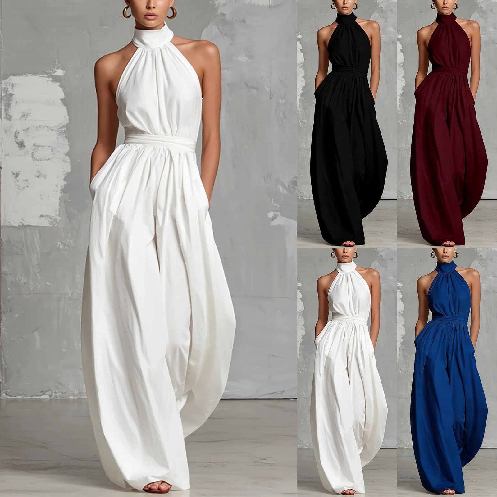 Generisch Tuta da donna elegante, per matrimonio, con allacciatura al collo | Tuta intera con schiena scoperta, gamba larga, con tasche, estiva, leggera, per matrimonio, lavoro
