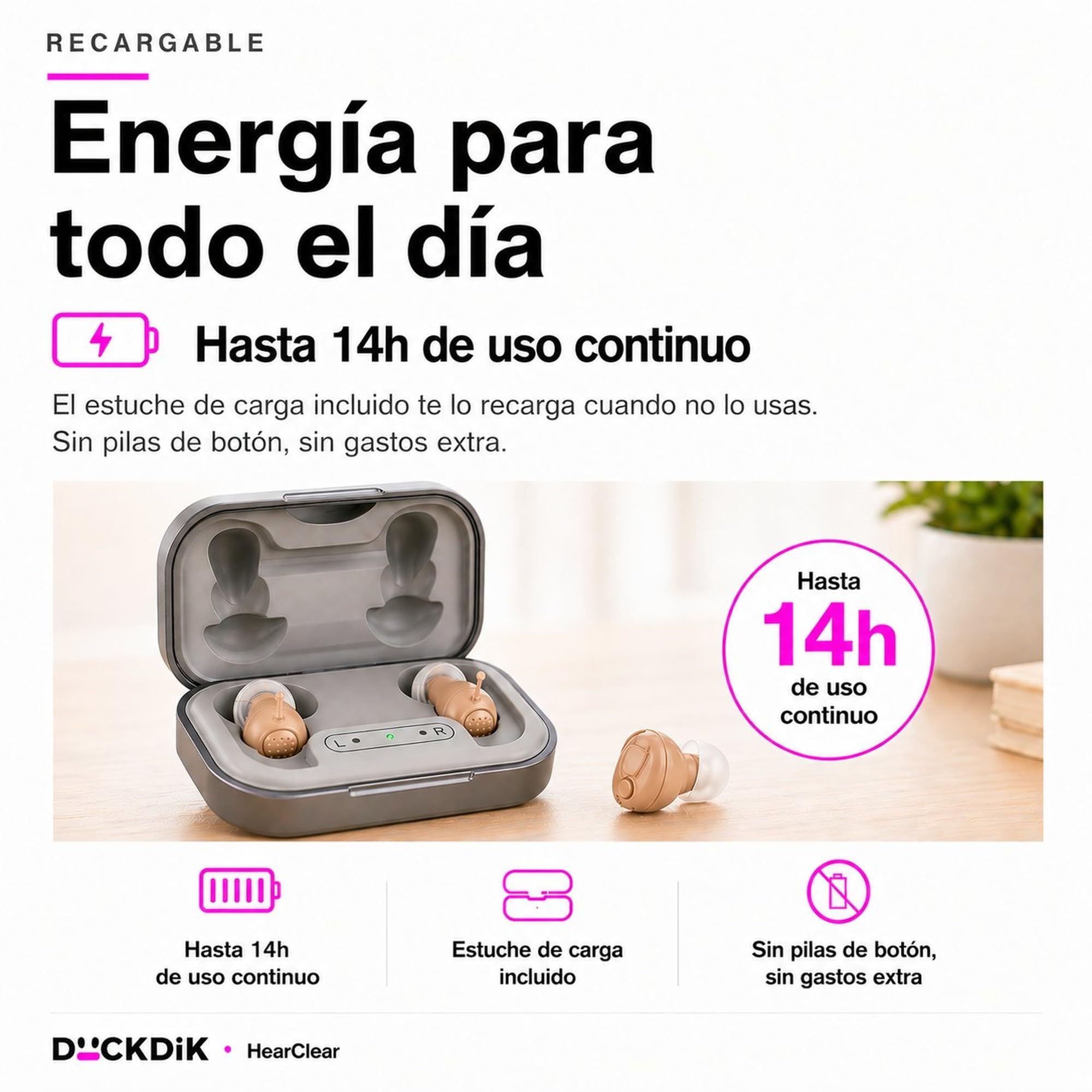 HearClear Amplificador De Sonido Con Estuche De Carga | Diseño Intrauricular Invisible Recargable | Amplifica hasta 32x | 14h Batería | Conversaciones y TV | 3 Tallas Incluidas