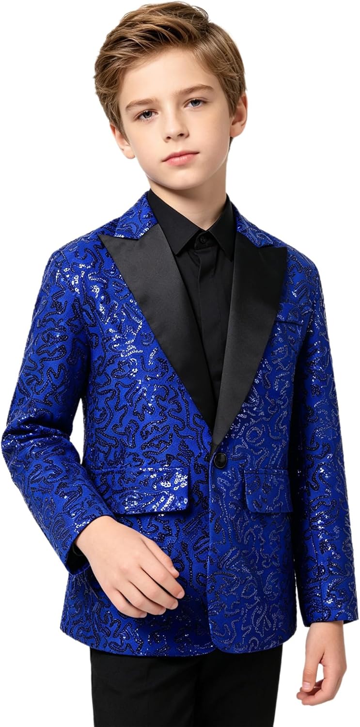 iiniim Boys Sparkly Blazer Sequin Satin Lapel Suit Coat
