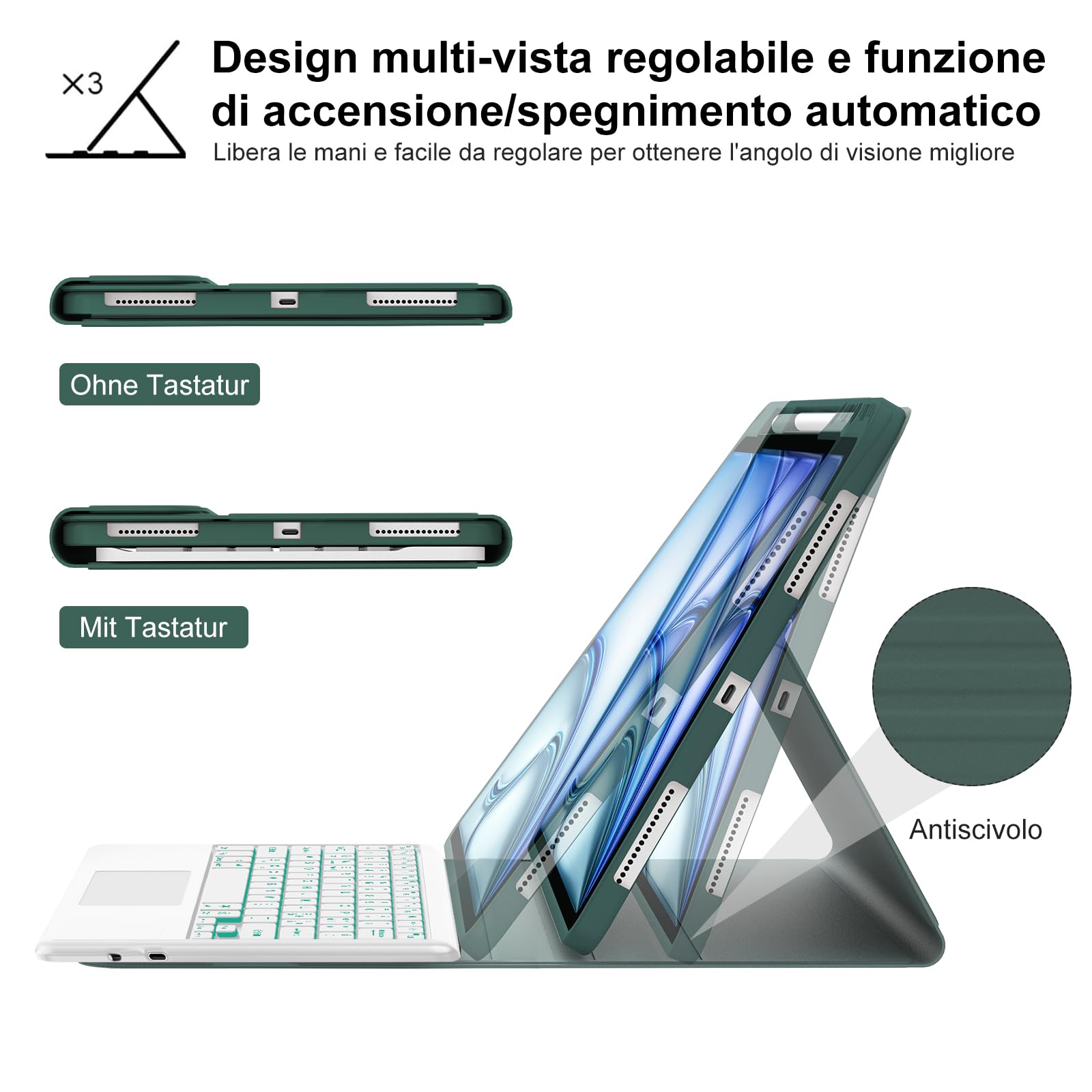 Custodia Tastiera per iPad Air 13 M4 2026/M3 2025/M2 2024 con Touchpad, Bluetooth Magnetica Staccabile, Cover Italiano QWERTY Retroilluminate Tastiera per iPad Air 13 Pollici M4/M3/M2, Verde scuro