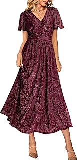 Simplee Women’s V Neck Velvet Maxi Dress Short Sleeve Empire Waist Long Formal Dress for Wedding Guest
