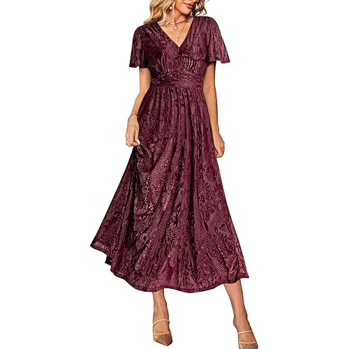 Simplee Women’s V Neck Velvet Maxi Dress Short Sleeve Empire Waist Long Formal Dress for Wedding Guest