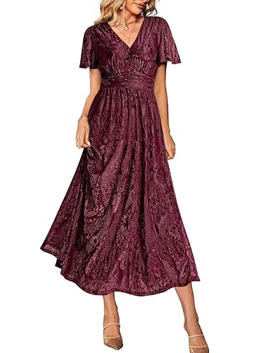Simplee Women’s V Neck Velvet Maxi Dress Short Sleeve Empire