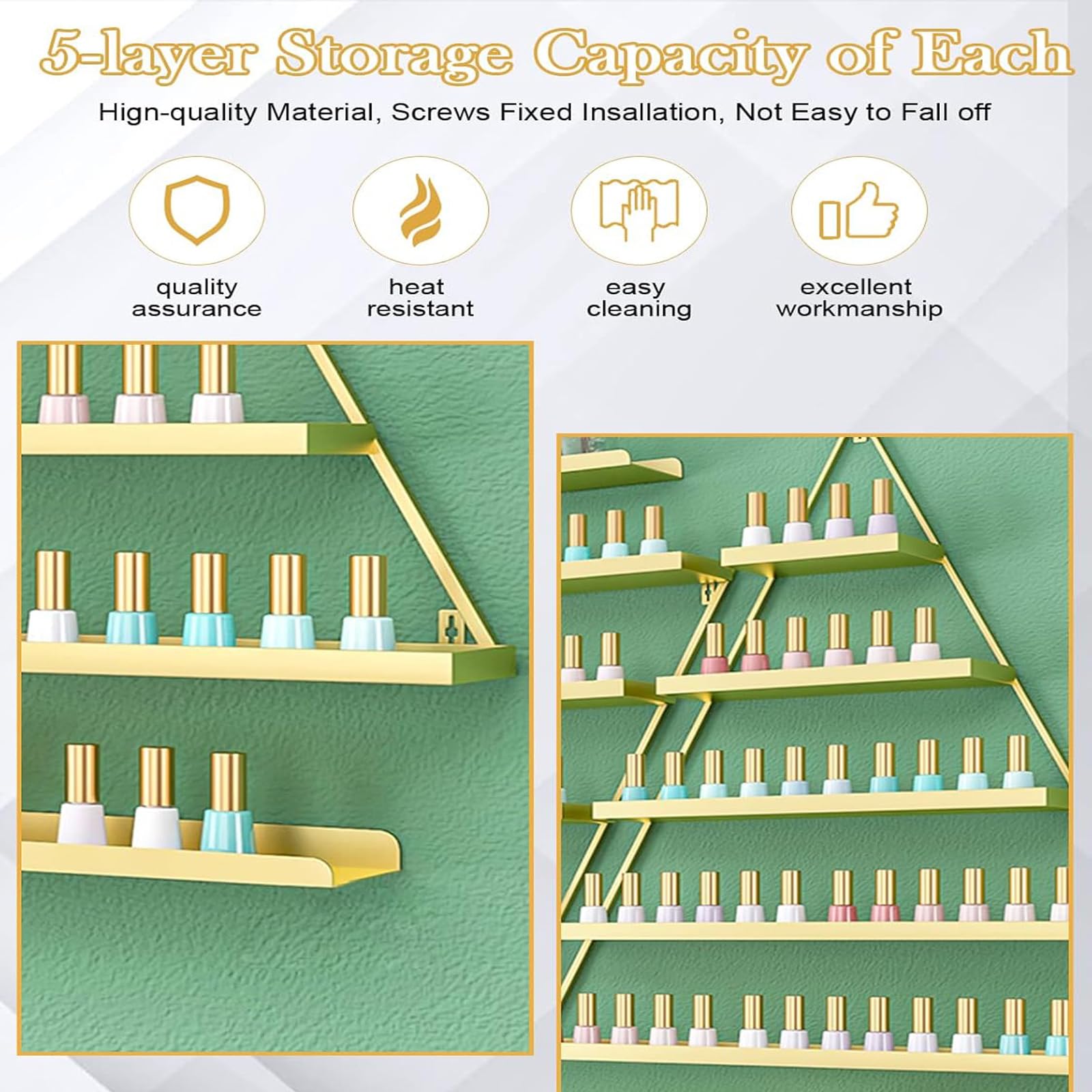 5 Set di 5 scaffali per smalto a triangoli in metallo, organizer da parete con 5 livelli, scaffale per smalto per unghie, profumo, rossetto, oli essenziali, oro