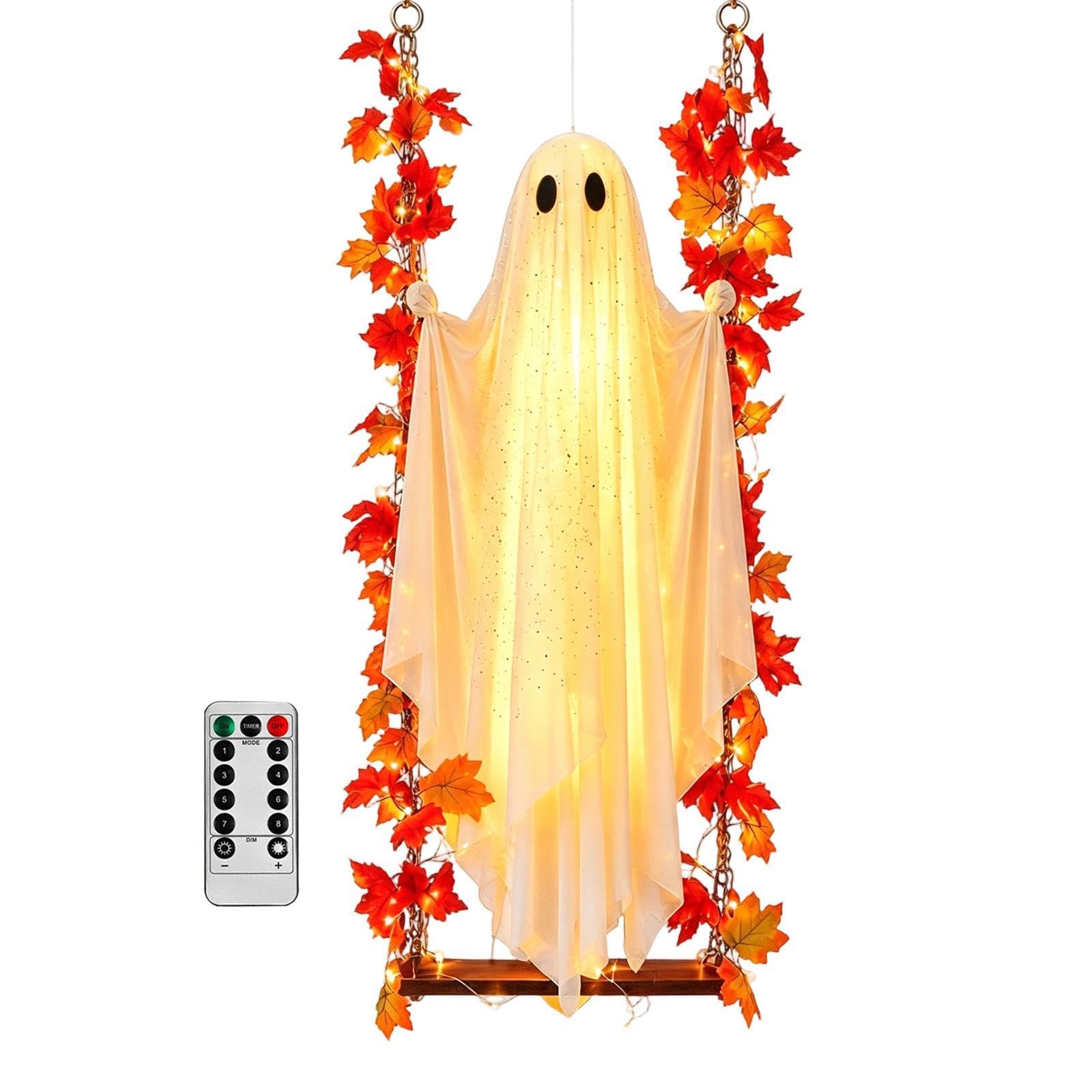 Swinging Ghost Outdoor Decor - Scary Spooky Glowing Flying Party Prop