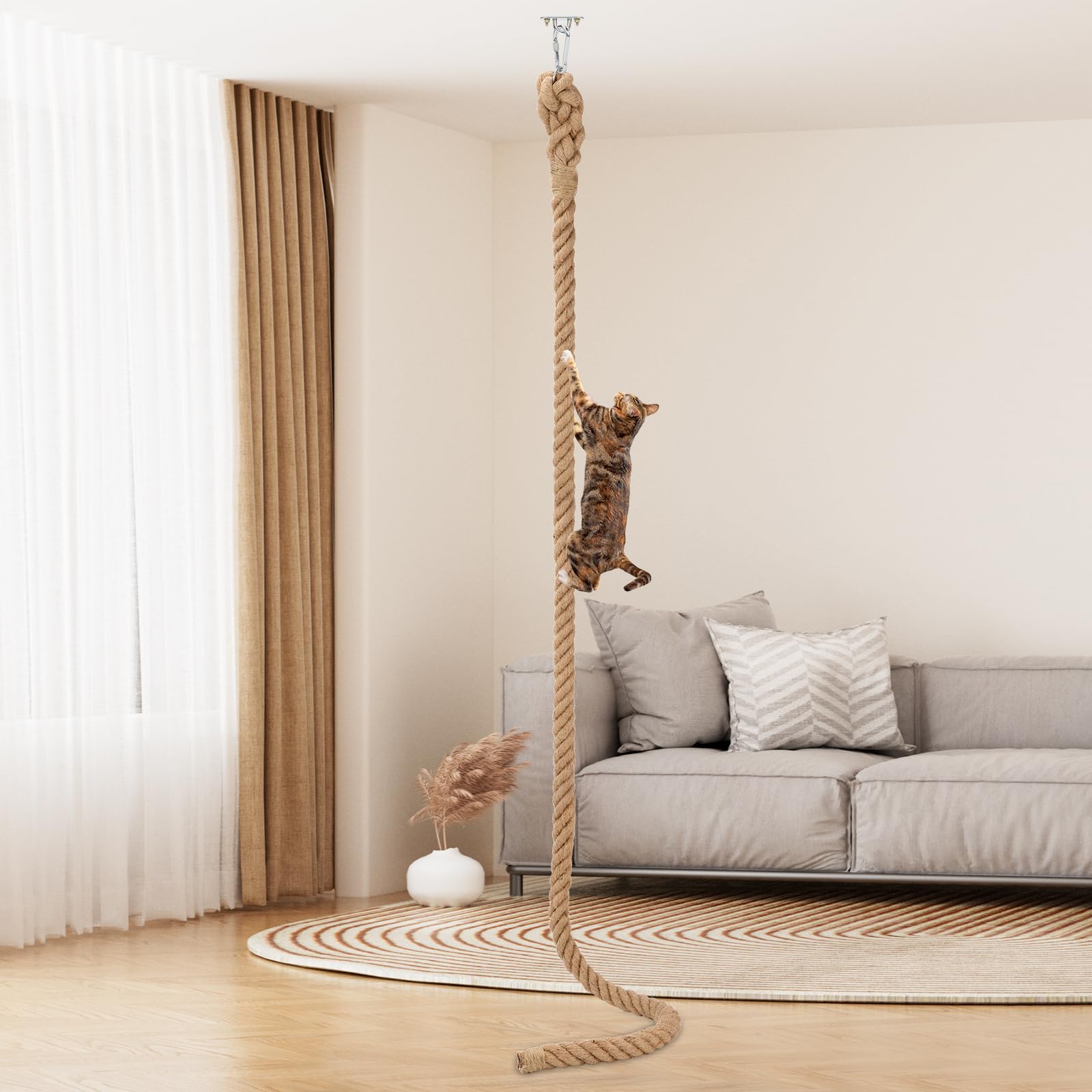 Cuerda de escalada para gatos de 2 pulgadas x 9.84 pies con gancho, cuerda de yute natural para montar en techo y pared, cuerdas de sisal duraderas para gatos en interiores y exteriores que juegan