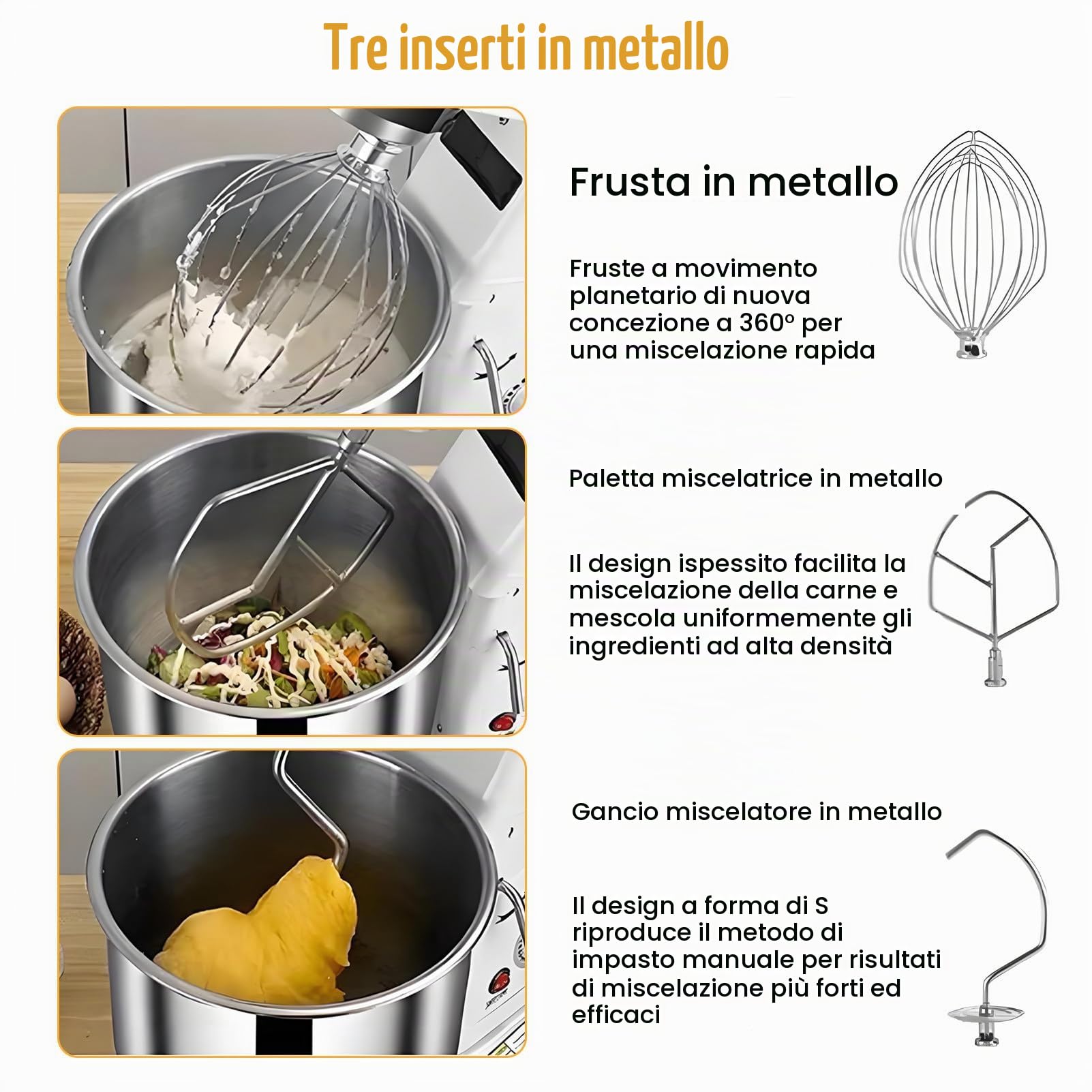Impastatrice planetaria Professionale per la Cottura al Forno, impastatrice Commerciale per impieghi gravosi con Gancio per impastare, Frusta e sbattitore, 3 velocità 10L-220vSilver