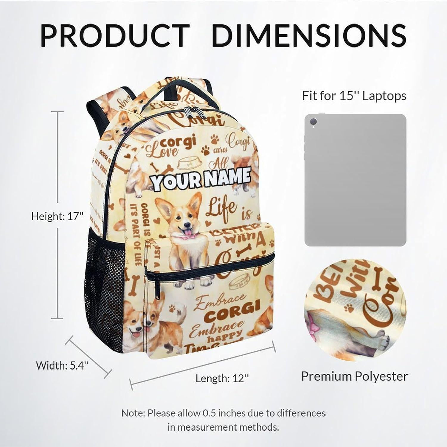 Mercuryelf Boys Bag for School - Personalized Cute Corgi Kid Backpack for School, Travel - 17 Inch Dog Bookbag for Teens Corgi Lovers