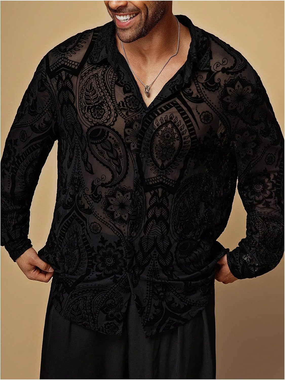 WDIRARA Men's Big and Tall Floral Paisley Sheer Mesh Button Down Shirt Vacation Long Sleeve Top