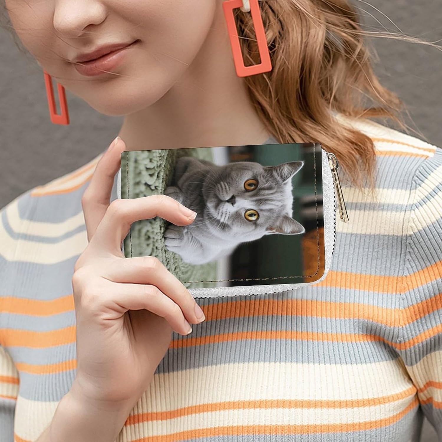Leather Card Organizer Case Card Wallet Credit Card Holder Cat on Carpet Printed Zipper Card Cases Holder for Women Men