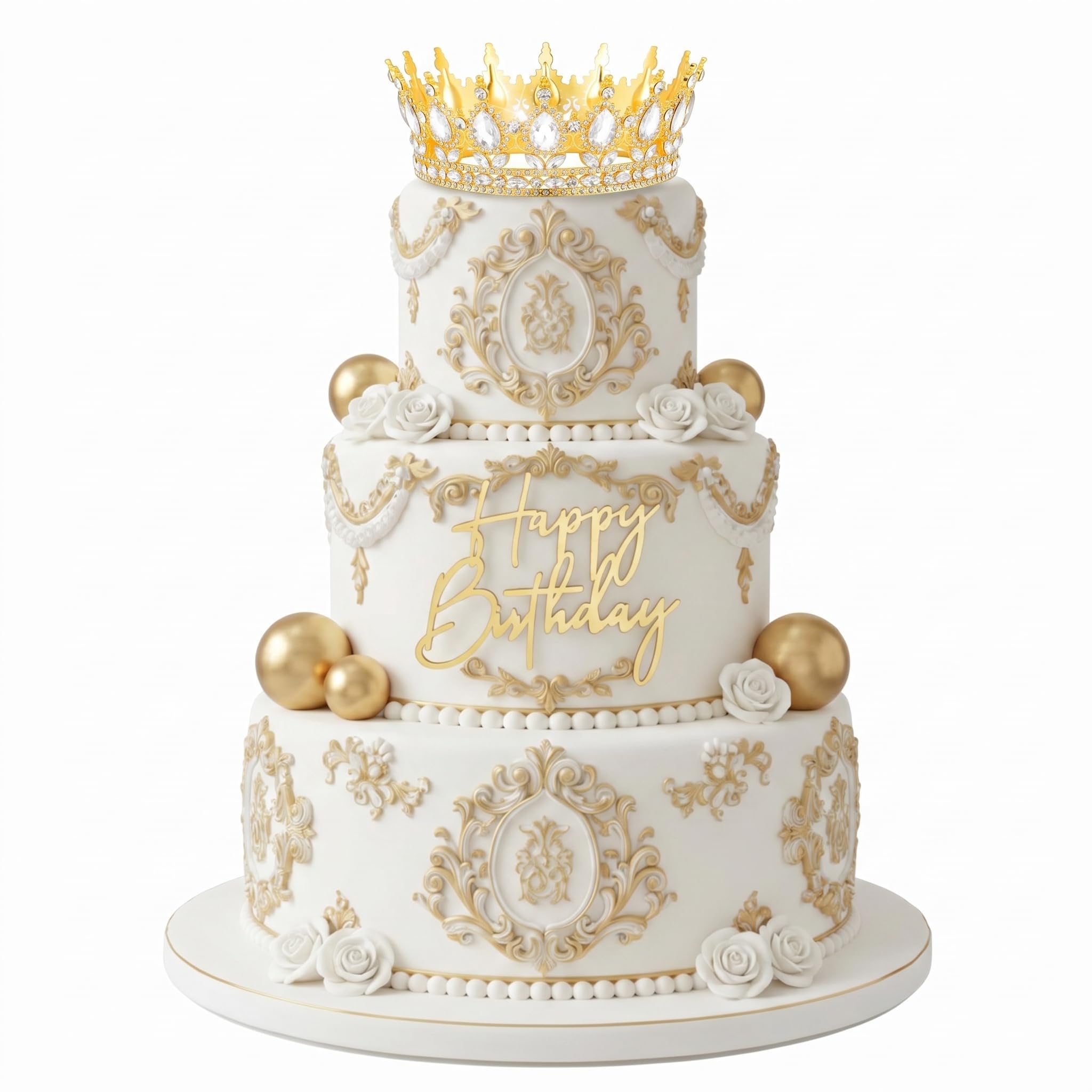 Otuuz 8 Pcs Gold Queen Crown Cake Topper for Women, Happy Birthday Cake Toppers Foam Balls Rhinestone Crystal Tiara Wedding Decoration for Princess Party Photo Props — image 1