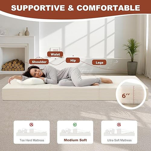 Miniatura 5 de Colchón plegable de tres pliegues de 6 pulgadas, sofá cama plegable con funda extraíble lavable, colchón de futón portátil tamaño matrimonial,