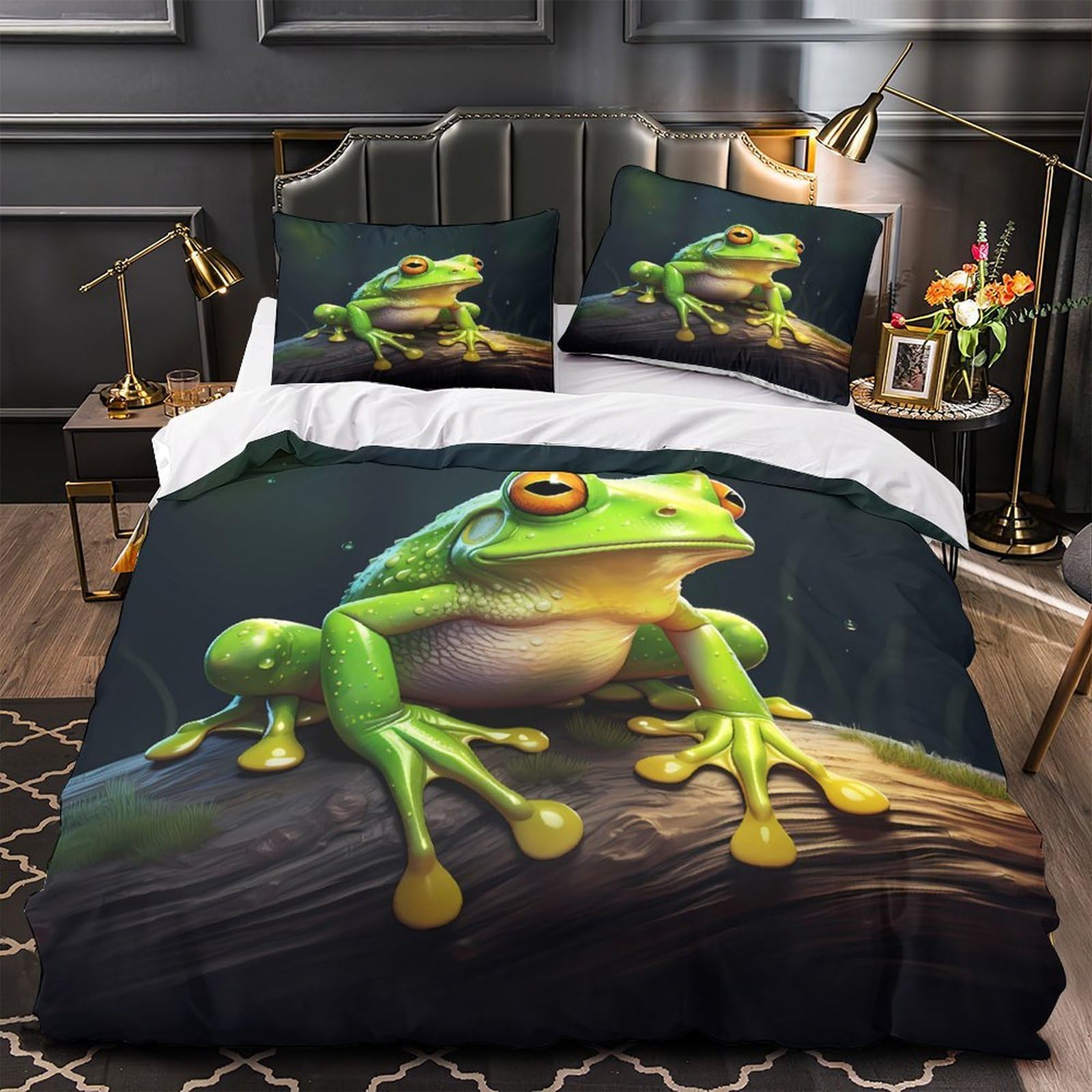 Parure de lit grenouille verte 140x200 avec housse de couette 3D en microfibre
