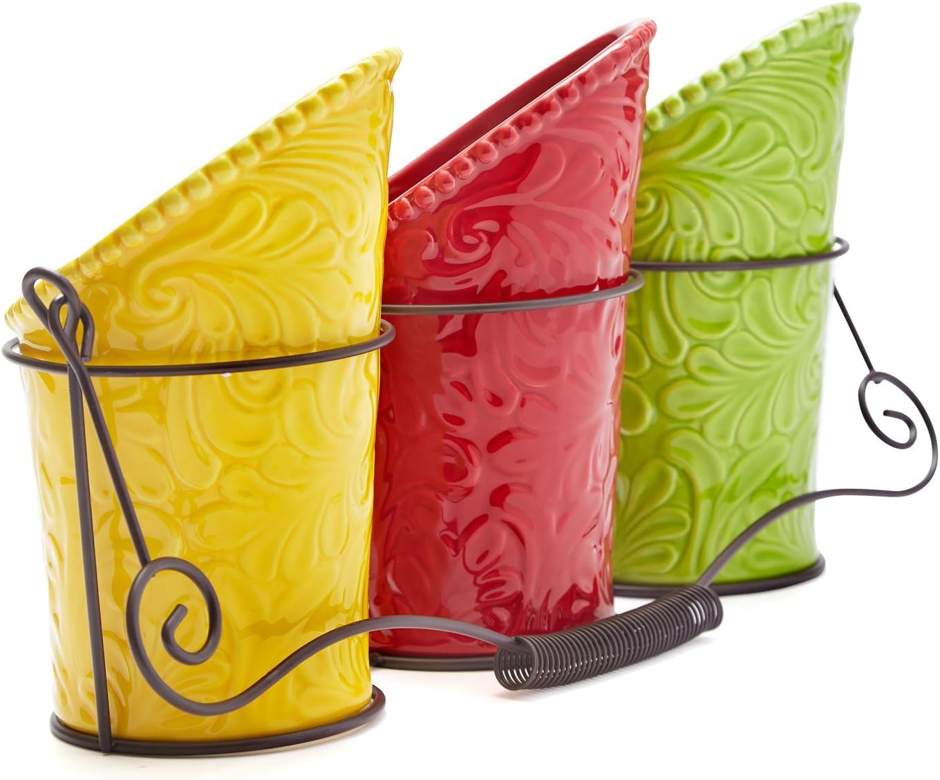 Kitchen Utensil Holder Set (4 Pieces) - 3 Ceramic Crocks & 1 Portable Wire Caddy - Multi-Color