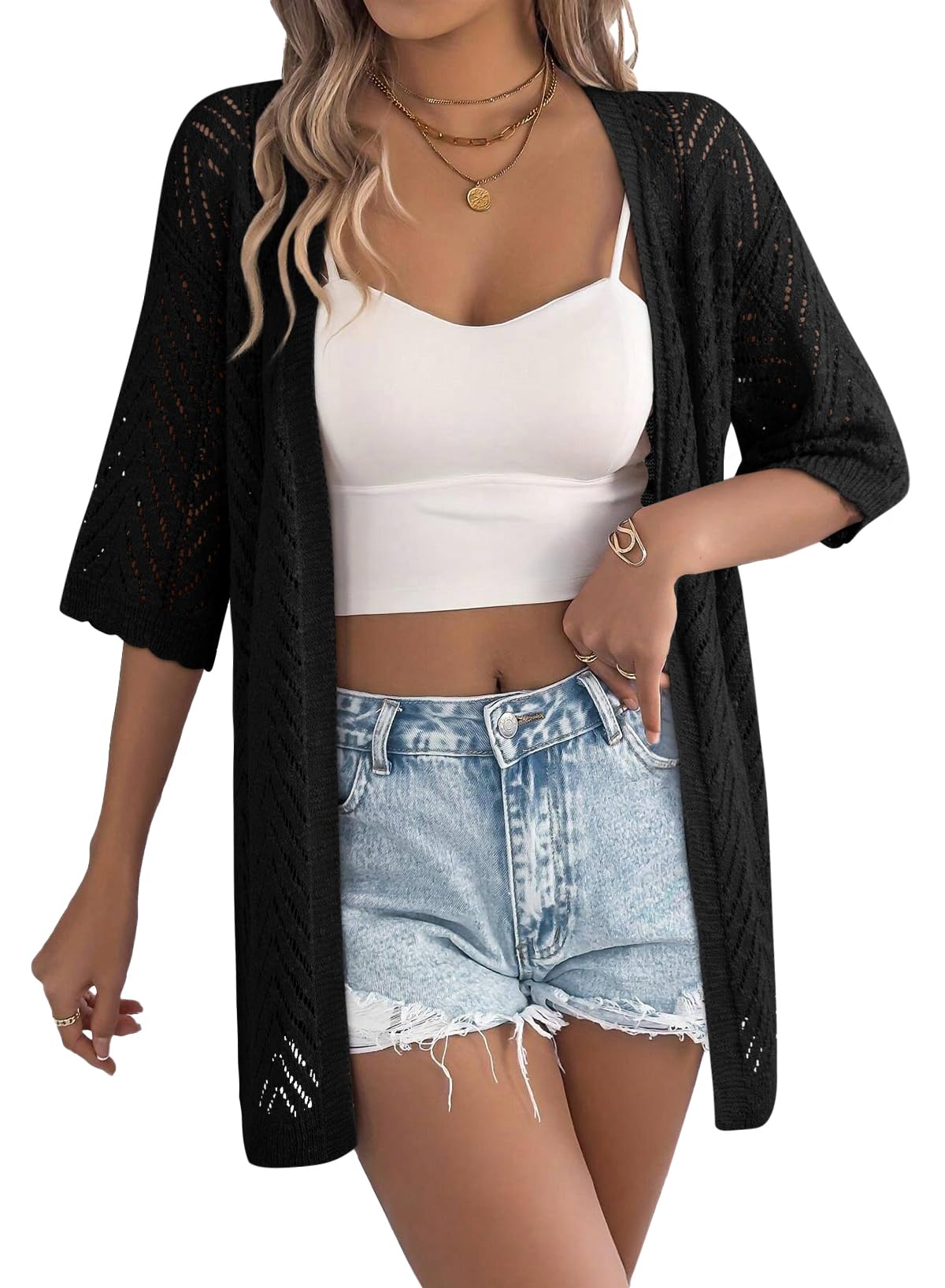 EVALESS Womens Crochet Knit Cardigan Sweaters Short Sleeve Open Front Kimonos Boho Cardigans Tops Lightweight Vacation