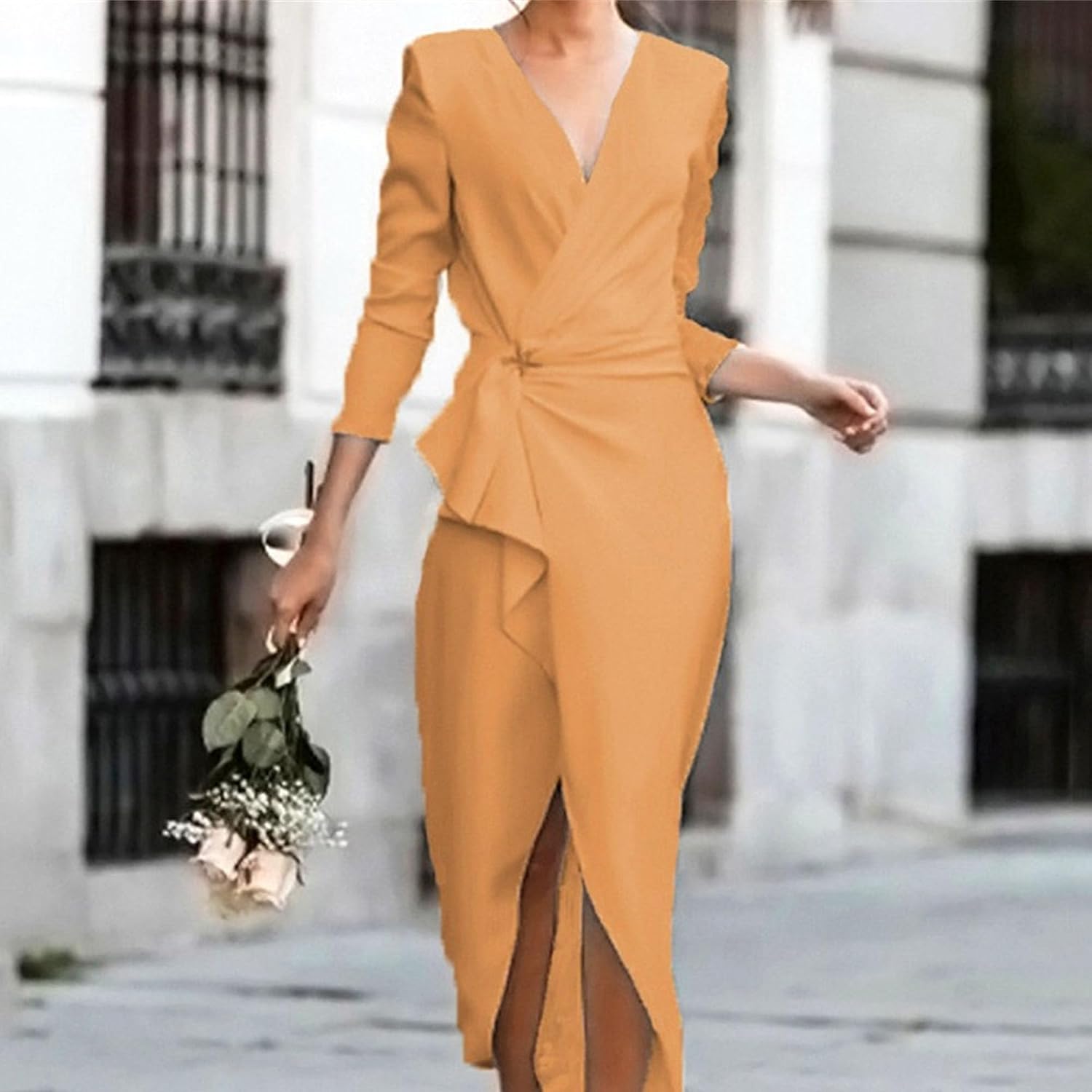 Women Long Sleeve Formal Maxi Dress Sexy Deep V Neck Side Split Bodycon Dresses Casual Cocktail Party Club Dress