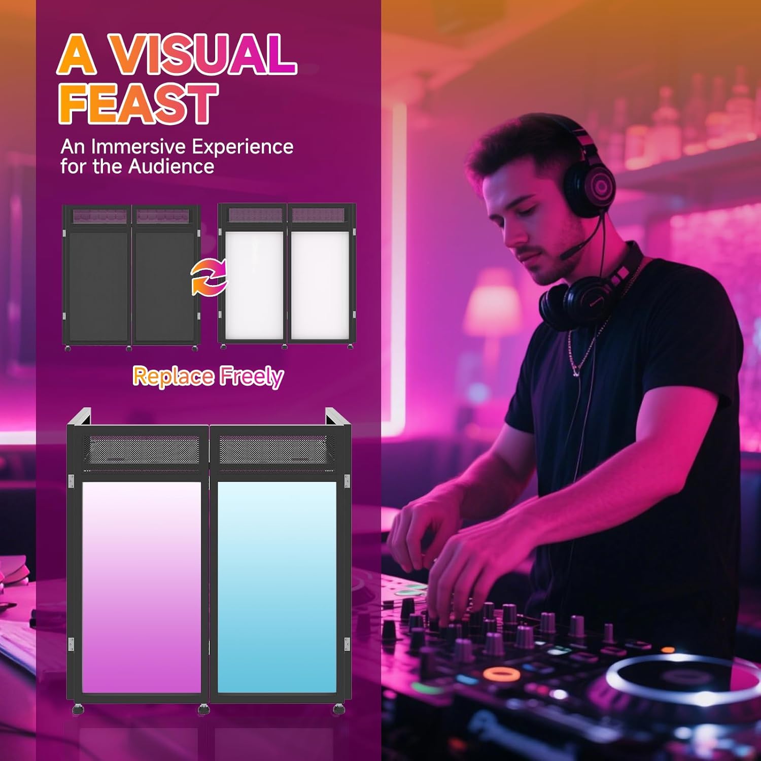 VallisCo DJ Facade Booth Table 40" x 20" - Portable Detachable DJ Booth Table Station with Computer Bracket Surface & Cable Hole, Foldable DJ Table Includes Black/White Scrims & Carry Bag for Party