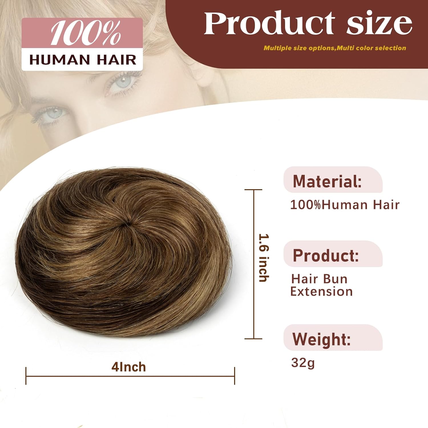 Human Hair Highlight Brown Drawstring Chignon, Large Size Straight Updo Donut Bun, Secure Hold Natural Soft Hair Piece for Work Ballet Nurse, Easy 30s Wear for Bad Hair Day & In-Between Wash Days