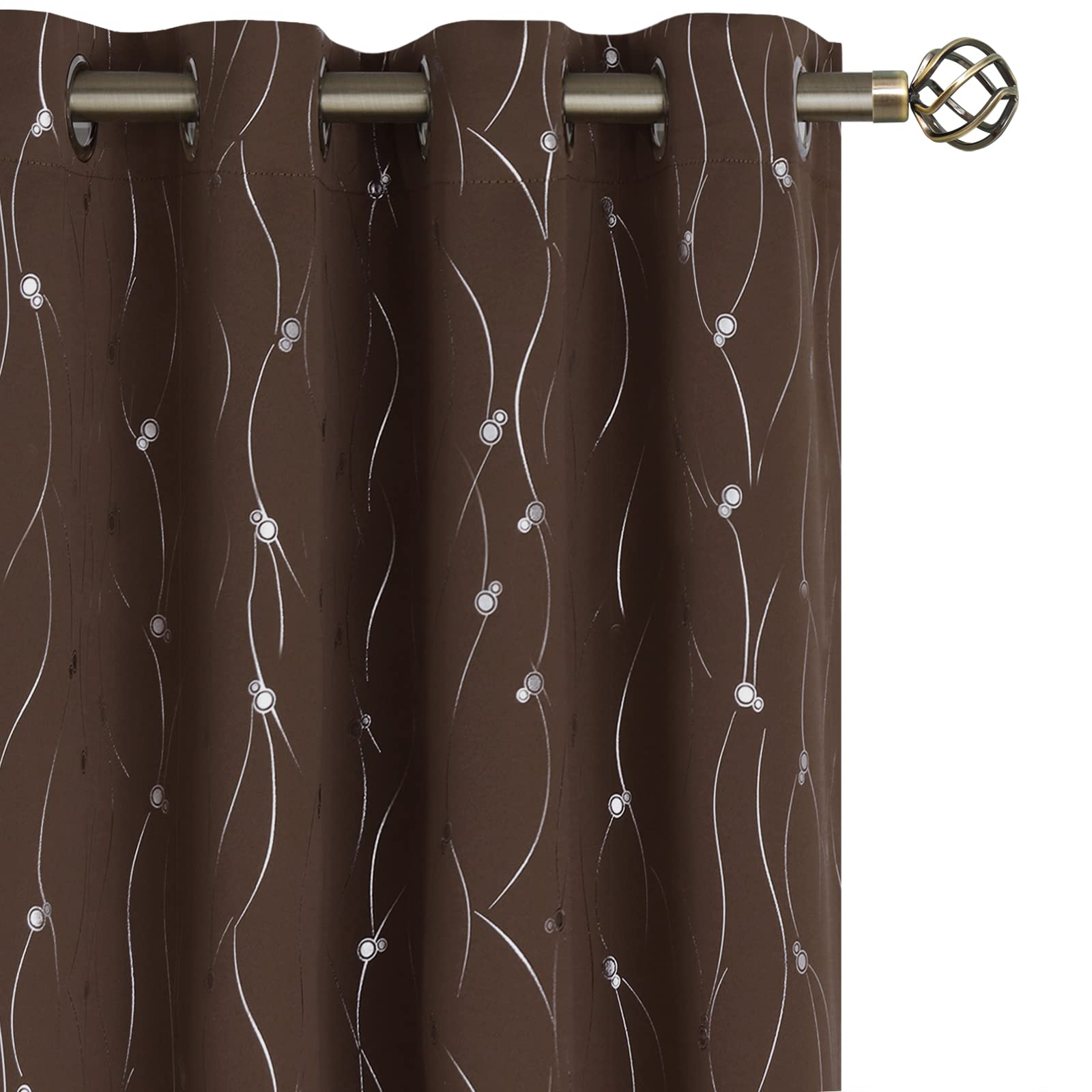 BGment Blackout Curtains 84 Inch Length 2 Panels Set Grommet Thermal Insulated Room Darkening Window Curtains with Wave Line and Dots Printed for Bedroom, 52 x 84 Inch, Brown