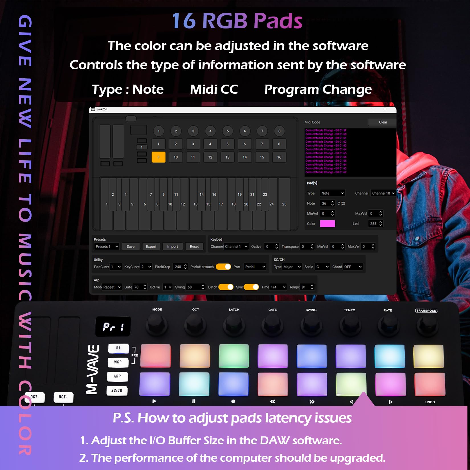 M-VAVE 25 touches 16 pads de batterie rétroéclairés Clavier MIDI - Beat maker professionnel et Keytar pour la production musicale au clavier Batterie intégrée Wireless Connect, MIDI 16 PADS, Noir