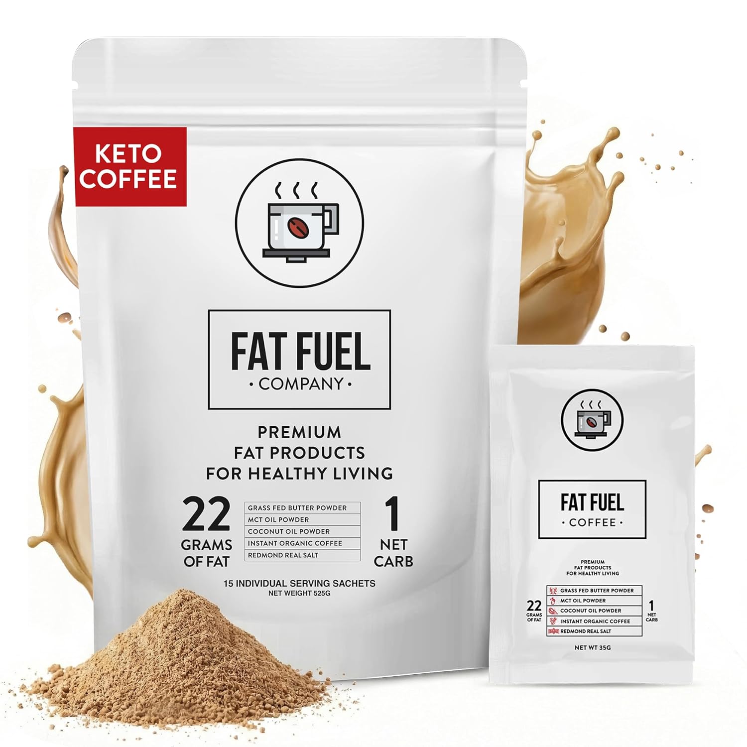 FAT FUEL Keto Coffee 22g Premium Fats - With Grass Fed Butter, MCT Oil, Coconut & Redmond Real Salt - Instant Organic Coffee, One Net Carb, A True Meal Replacement - 15 Servings