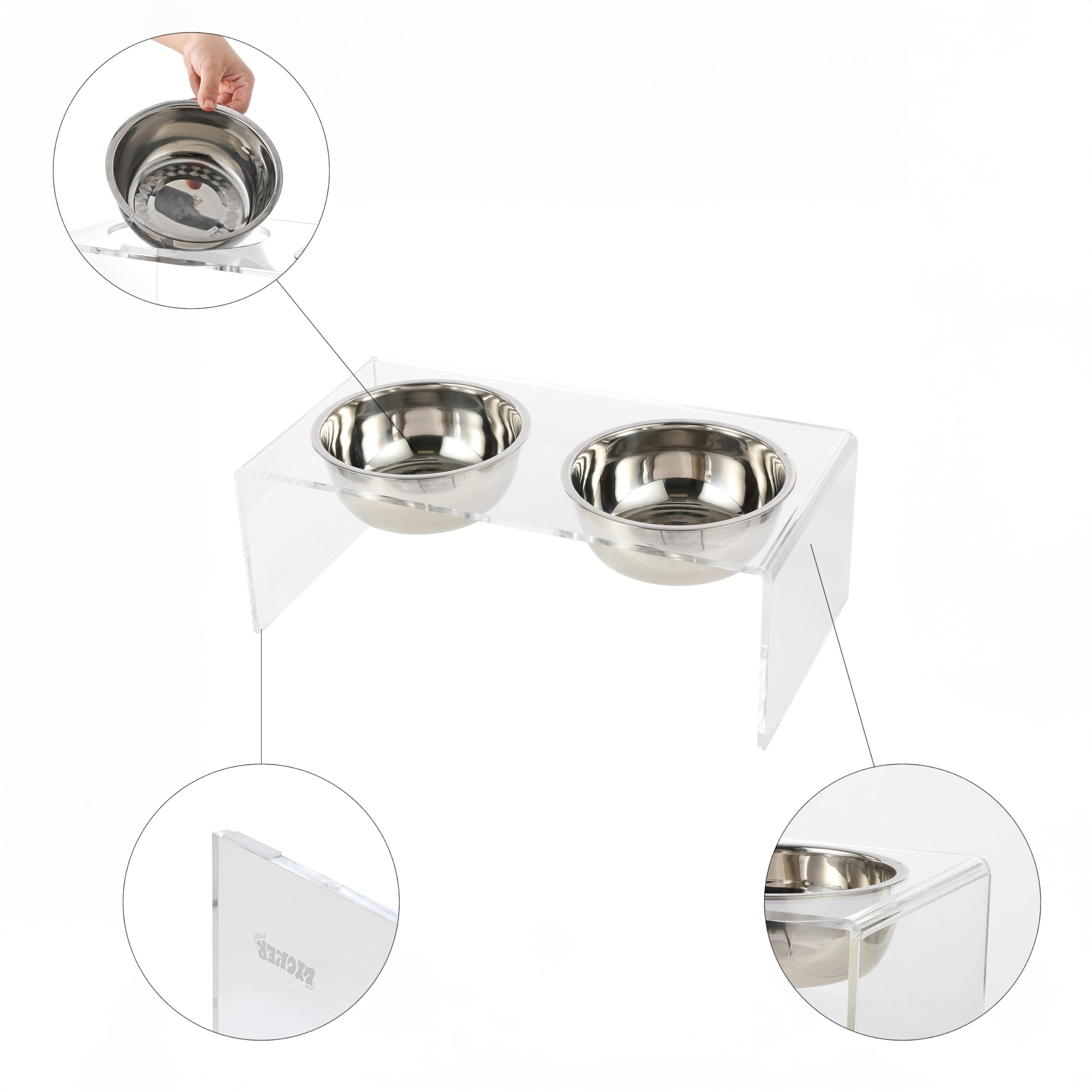 DBL2001A Keaton 19 cm średni/duży nowoczesny Lucite prostokątny podwyższony karmnik dla zwierząt domowych z 2 miseczkami ze stali nierdzewnej, przezroczysty/chrom