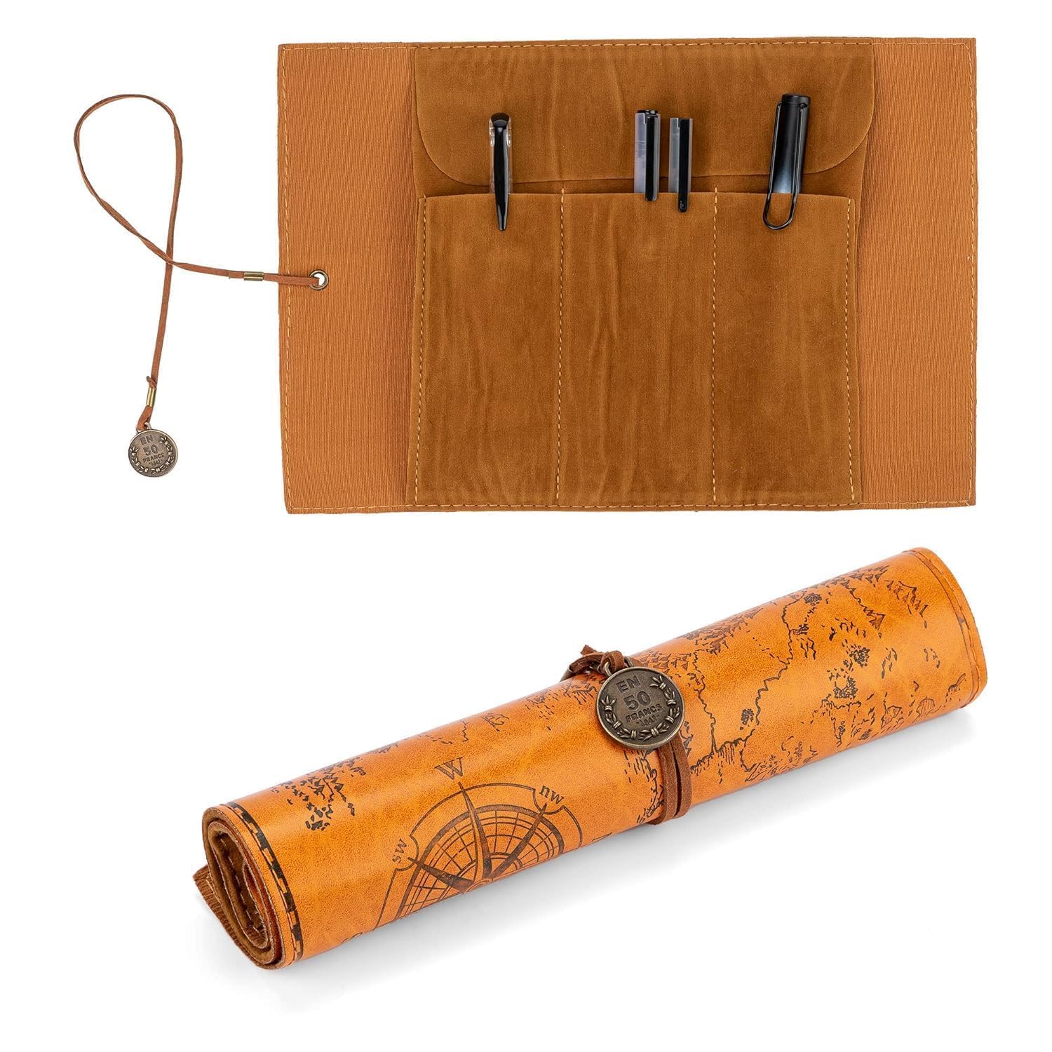 lailai Vintage Canvas Leather Pencil Case Roll – Retro Treasure Map Pattern PU Leather Pen Wrap, Large Capacity Stationery Organizer, Makeup Brush Pouch for School & Office Supplies-picture-52