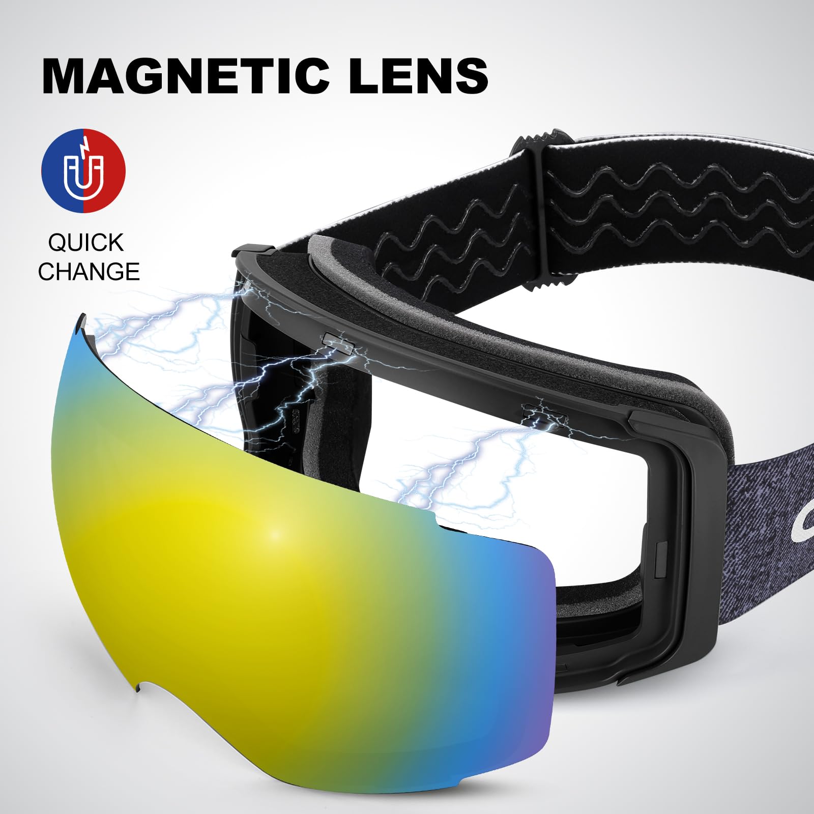 Odoland Occhiali da sci unisex per uomo e donna ragazzi occhiali da snowboard senza montatura con vetro magnetico intercambiabile protezione UV anti-nebbia occhiali da neve compatibili con casco per