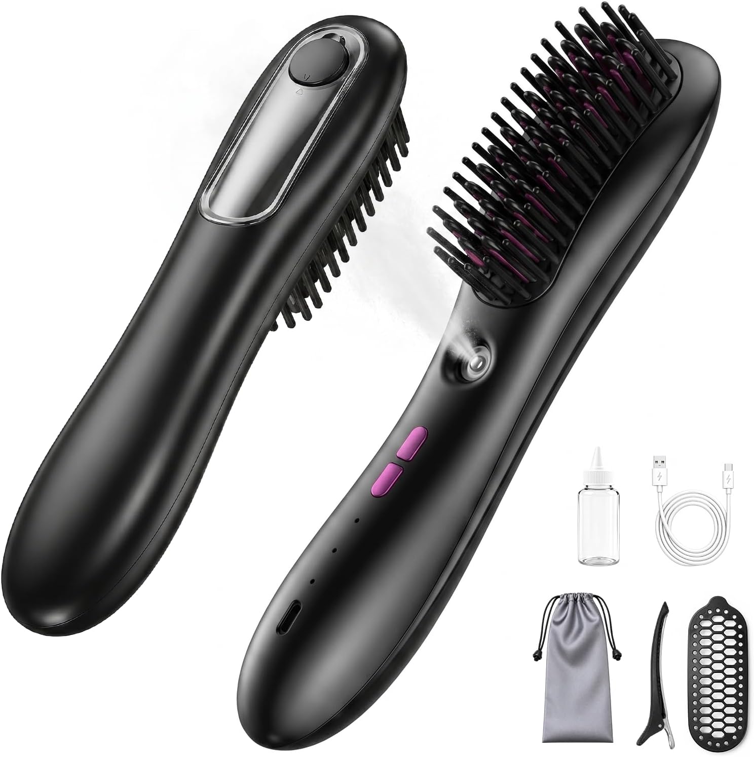 Wireless Straightening Comb with Spray Mist, 3 in 1 Wireless Hair Straightening Comb, Wireless Anti-Frizz Styling Brush, 3 Heat Settings, 3000mAh Rechargeable, for All Hair Types, Black