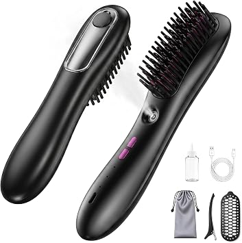 Wireless Straightening Comb with Spray Mist, 3 in 1 Wireless Hair Straightening Comb, Wireless Anti-Frizz Styling Brush, 3 Heat Settings, 3000mAh Rechargeable, for All Hair Types, Black