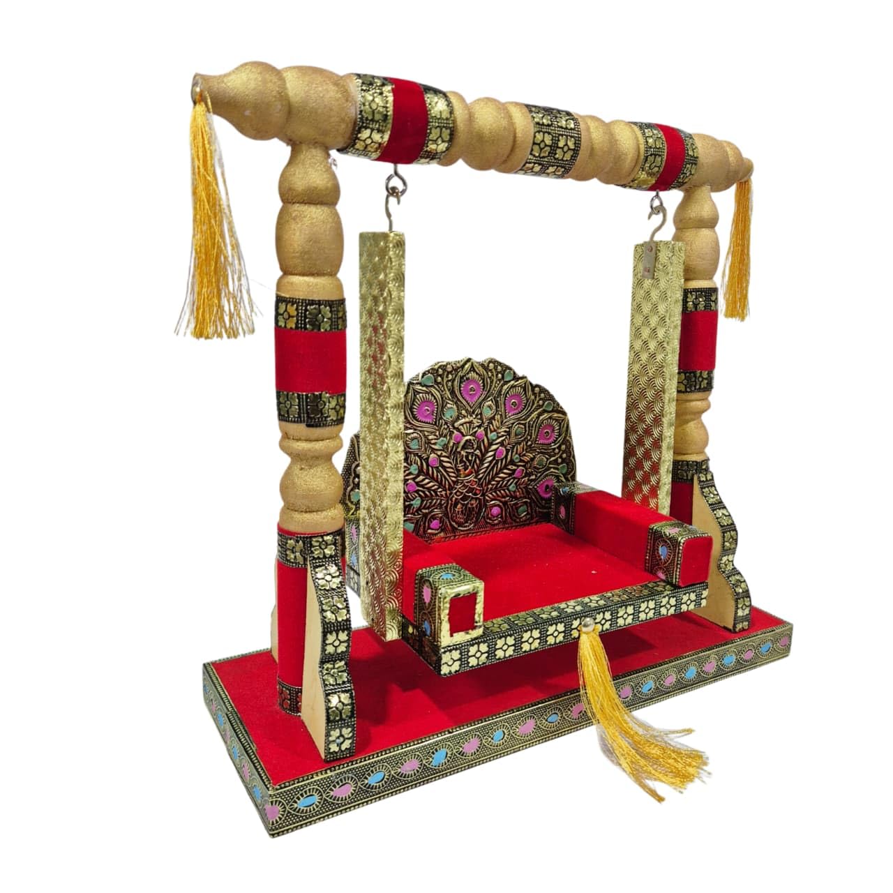 Handcrafted Laddu Gopal Jhula | Decorative Wooden Krishna Palana with Red Velvet and Gold Minakari Work for Janmashtami-picture-24