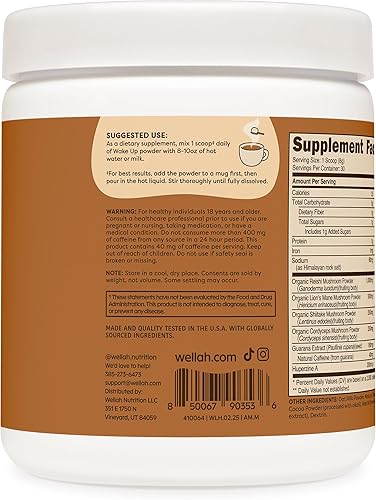 Miniatura 4 de Wellah Wake Up Adaptogenic - Mezcla de bebida de hongos con sabor a moca (30 porciones)  40 mg de cafeína natural, 2000 mg de complejo de hongos