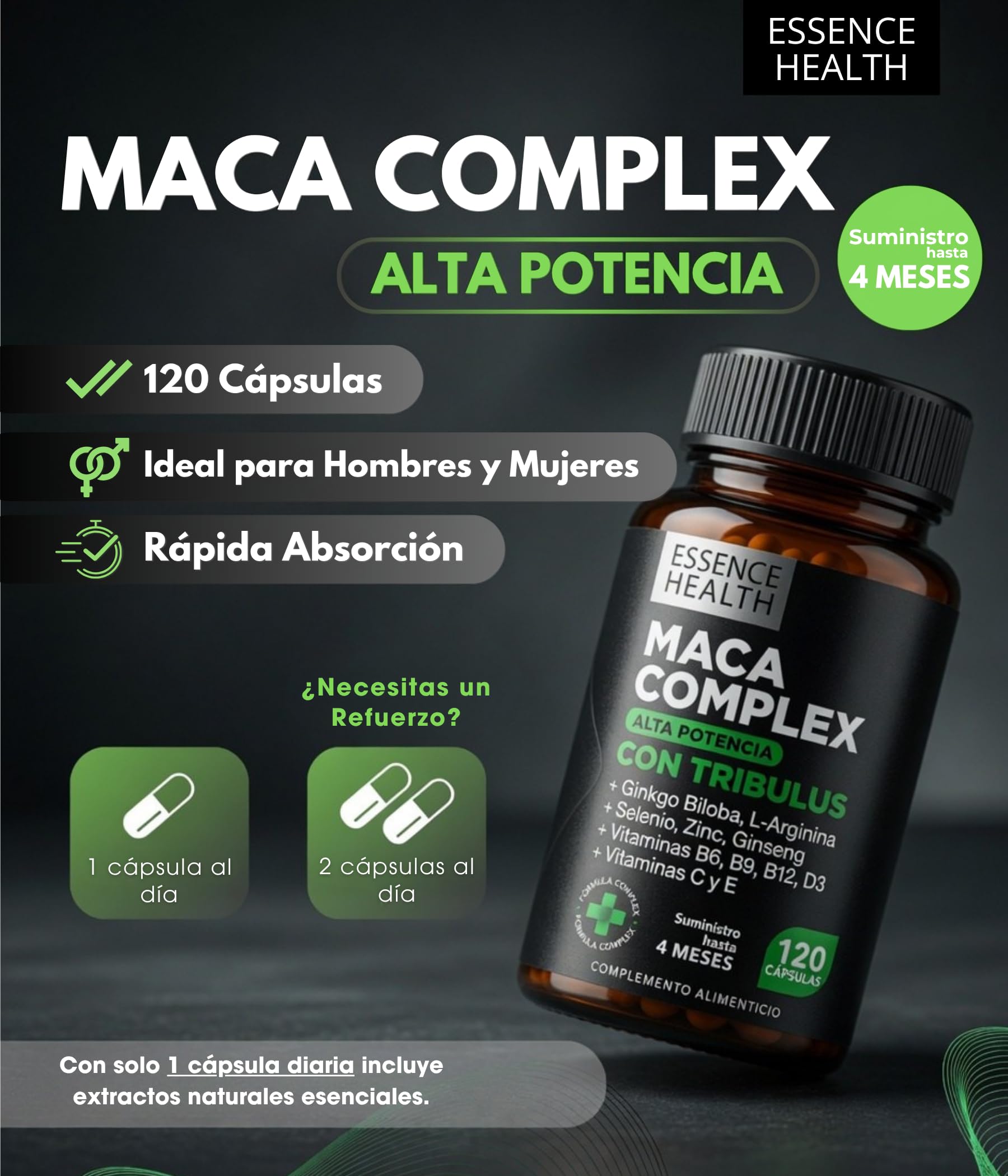 Maca Andina Negra Complex Alta Potencia | Maca Peruana con Tribulus y Ginseng | 120 Cápsulas Veganas | Mejora Equilibrio Hormonal | Rendimiento Ánimo Fuerza y Vitalidad |