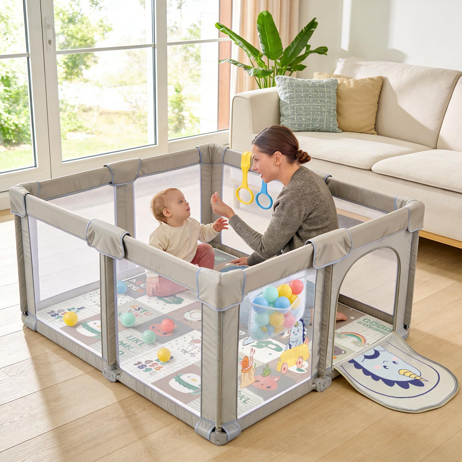 Box pieghevole per bambini, con materasso, rete traspirante a 360°, Oxford 300D, parco giochi sicuro per bambini, per interni ed esterni, con custodia, 50 palline, 4 trenini (dinosauro, 130 x 130 x 70